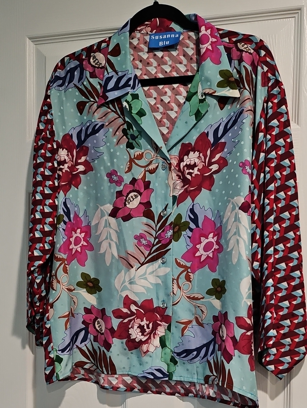 Floral Button-Down Shirt in Aqua and Burgundy